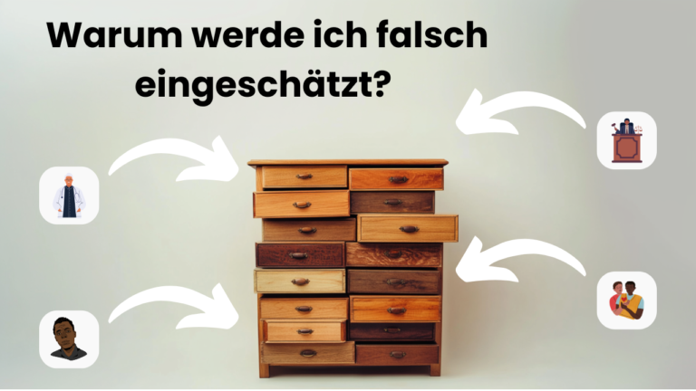 Symbolische Darstellung von Einflussfaktoren auf die Wahrnehmung: Eine Holzkommode mit teilweise geöffneten Schubladen, die das Einordnen von Menschen in vorgefertigte Kategorien symbolisiert.