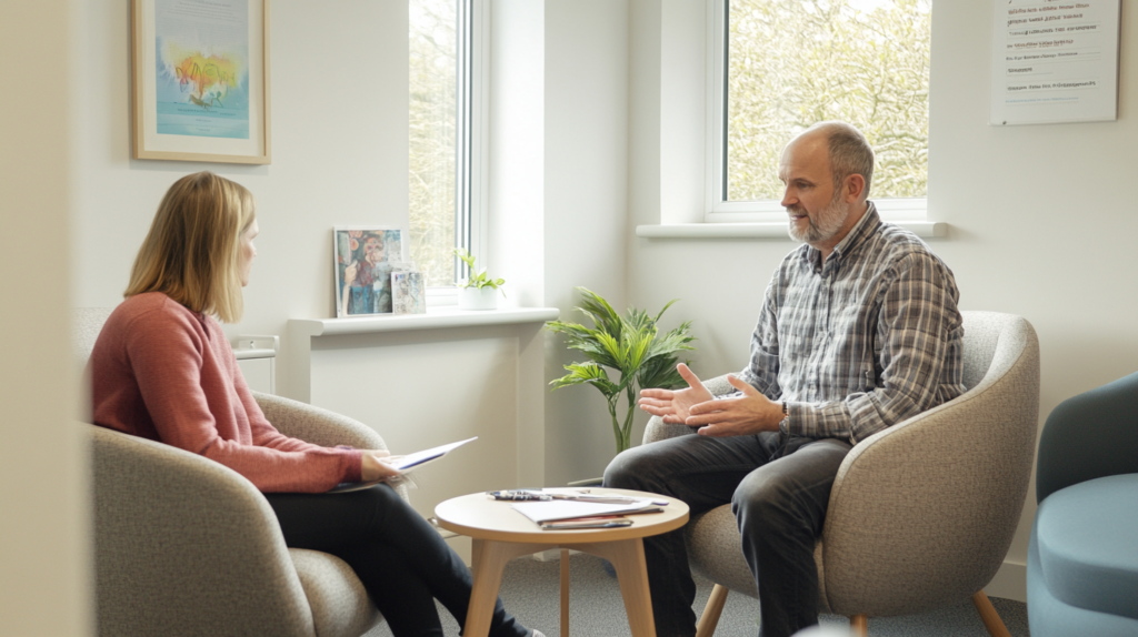 Ein Psychotherapeut führt ein empathisches Beratungsgespräch mit einem Patienten in einem hellen, modernen Beratungsraum