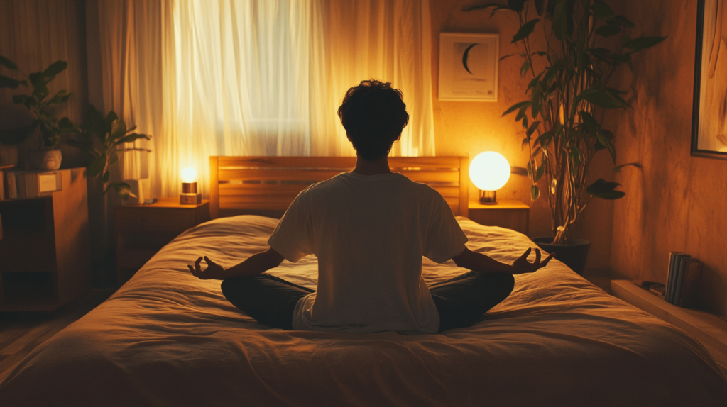 Das Bild zeigt ein inspirierendes, gemütliches Schlafzimmer, in dem eine Person im Lotussitz auf dem Bett meditative Yoga-Übungen praktiziert. 