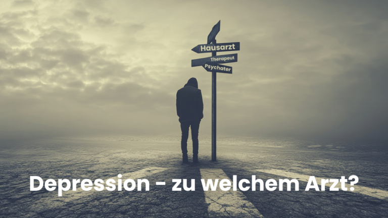 Das Bild zeigt eine Person mit gesenktem Kopf neben einem Wegweiser mit vier Richtungsschildern, der symbolisch verschiedene Anlaufstellen bei Depressionen darstellt – ein visueller Impuls zur Frage Depression zu welchem Arzt ?