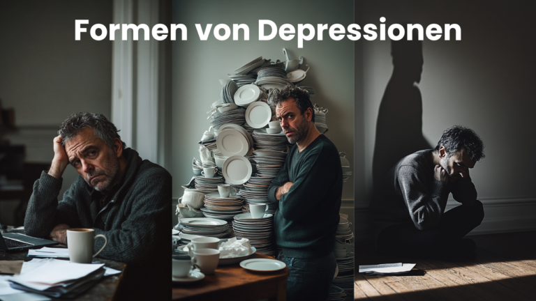 Das Bild zeigt einen Mann mit unterschiedlichen graden an Schweregraden von Depressionen.