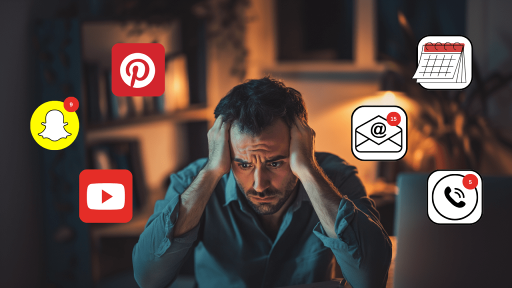 Person sitzt verzweifelt am Tisch, umgeben von Emojis und Benachrichtigungen – Symbol für Reizüberflutung und mentale Überforderung.