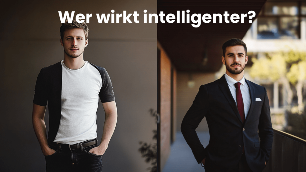 Zwei Bilder derselben Person – rechts im Business-Outfit, links im Freizeitlook – veranschaulichen den Halo-Effekt und wie Kleidung unsere Wahrnehmung unbewusst beeinflusst.
