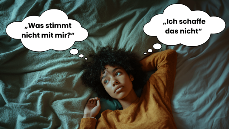Symbolbild zu Symptome von Depressionen: Eine Person liegt wach im Bett mit weit geöffneten Augen, während im Hintergrund Gedankenblasen mit Aussagen wie „Was stimmt nicht mit mir?“ und „Ich schaffe das nicht“ kreisen – zeigt innere Unruhe, Selbstzweifel und Grübelzwang.