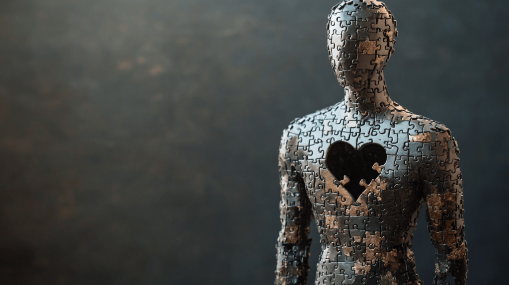 Symbolbild für ein negatives Selbstbild: Eine aus Puzzleteilen zusammengesetzte Figur mit fehlenden Teilen im Kopf- und Herzbereich – steht für innere Leere, Selbstzweifel und das Gefühl, nicht vollständig zu sein.