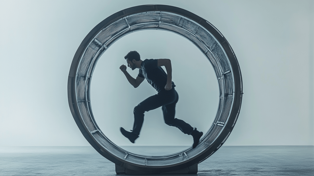Eine Person rennt erschöpft in einem großen Hamsterrad – als Metapher für ständiges Funktionieren, inneren Druck und das Gefühl, nie gut genug zu sein, obwohl man sich ständig anstrengt.