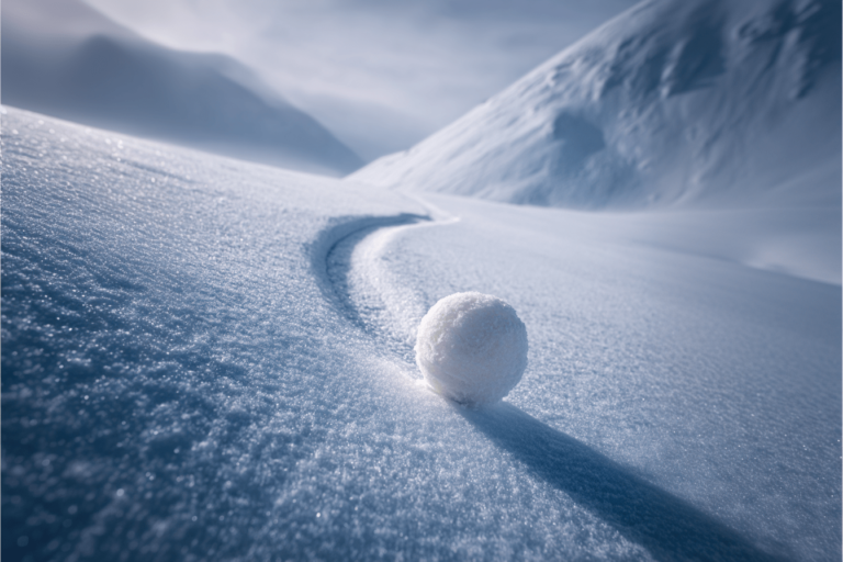 Ein kleiner Schneeball kommt leicht ins rollen und beginnt einen Hang herunterzurollen