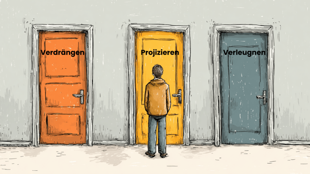 Eine Person steht vor drei Türen mit verschiedenen Strategien – Symbol für psychische Schutzmechanismen, die in belastenden Situationen greifen.